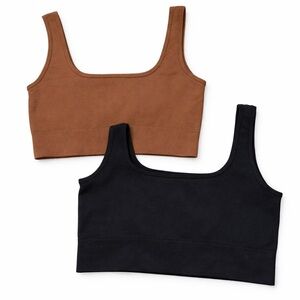 OQQ Ribbed Seamless Crop Tank Bundle | Black + Brown | Size M | Stretch Nylon